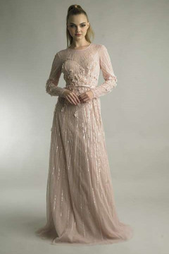 Long Sleeve 3D Gown with Satin Belt Long Sleeve 3D Gown with Satin Belt