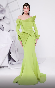 Off Shoulder Long Sleeve Gown with Sculpted Bodice Off Shoulder Long Sleeve Gown with Sculpted Bodice