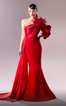 One Shoulder Draped Sleeve Gown with Feather Detail One Shoulder Draped Sleeve Gown with Feather Detail