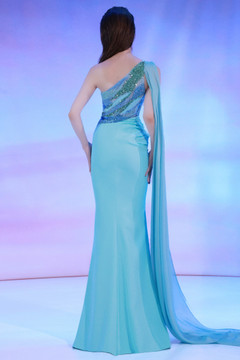 Crepe Beaded One Shoulder Gown Crepe Beaded One Shoulder Gown