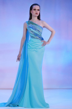 Crepe Beaded One Shoulder Gown Crepe Beaded One Shoulder Gown