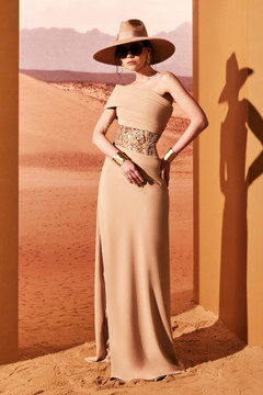 Crepe Off Shoulder Slit Gown Crepe Off Shoulder Slit Gown