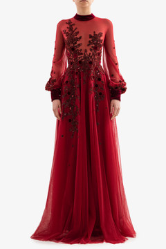 Embroidered Tulle Sleeved Gown Embroidered Tulle Sleeved Gown