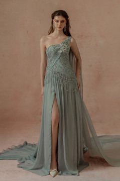 Embellished One-Shoulder Slit Gown