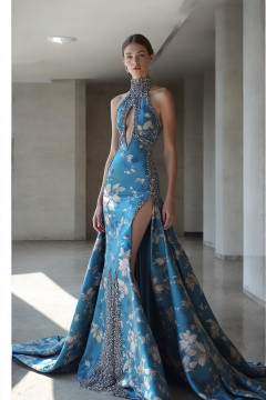 Turtleneck Floral Key-Hole Gown Turtleneck Floral Key-Hole Gown