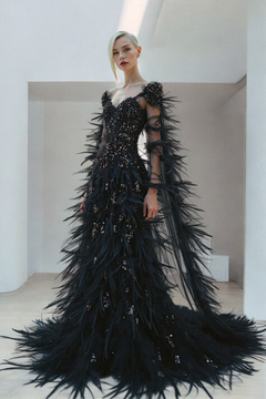 Feathered Cape-Sleeve Gown Feathered Cape-Sleeve Gown