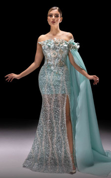 Draped Sleeve Slit Gown Draped Sleeve Slit Gown