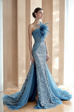 Feathered Strapless Slit Gown Feathered Strapless Slit Gown