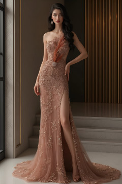 Feather Detailed Strapless Gown Feather Detailed Strapless Gown