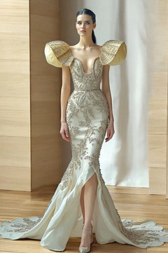 Sculpted Sleeve Slit Gown Sculpted Sleeve Slit Gown