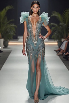 Embellished Semi-Sheer Slit Gown Embellished Semi-Sheer Slit Gown