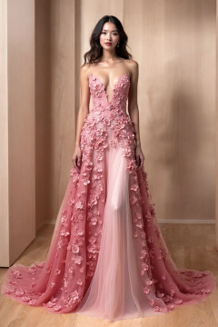 Strapless Floral Embellished Gown Strapless Floral Embellished Gown