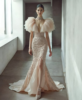Feathered Sleeve Slit Gown Feathered Sleeve Slit Gown