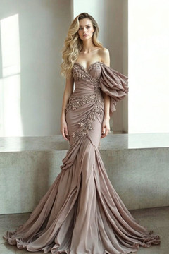 Draped Sleeve Strapless Gown Draped Sleeve Strapless Gown