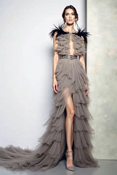 Feathered Tiered Slit Gown Feathered Tiered Slit Gown