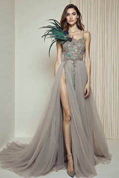 Feather Detail Slit Gown Feather Detail Slit Gown