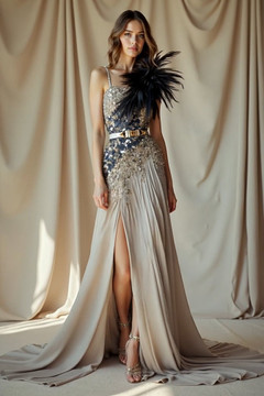 Feather Embellished Sleeveless Gown Feather Embellished Sleeveless Gown