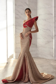 Flared One Sleeve Slit Gown Flared One Sleeve Slit Gown