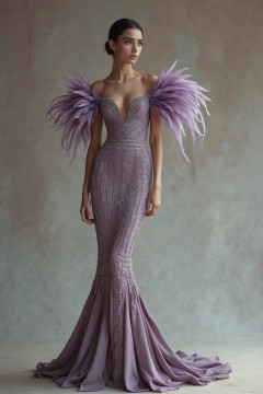 Feathered Sleeve Off Shoulder Gown Feathered Sleeve Off Shoulder Gown