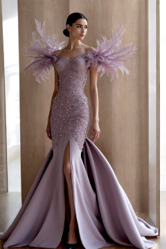 Feathered Sleeve Flared Slit Gown Feathered Sleeve Flared Slit Gown