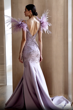 Feathered Sleeve Flared Slit Gown Feathered Sleeve Flared Slit Gown