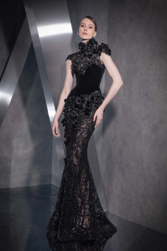 Floral Embellished Sleeved Gown Floral Embellished Sleeved Gown