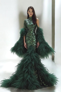 Asymmetrical Feather Embellished Gown Asymmetrical Feather Embellished Gown