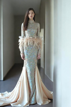 Feathered Waist Flared Gown Feathered Waist Flared Gown