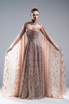 Embroidery Cape Sleeve Gown Embroidery Cape Sleeve Gown