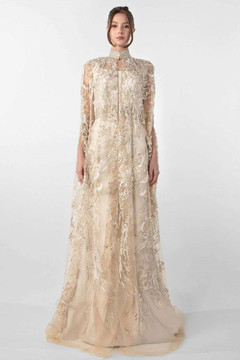Crepe Gown with Embroidered-Cape Crepe Gown with Embroidered-Cape