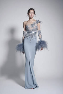 Asymmetrical Feathered Cuff Gown Asymmetrical Feathered Cuff Gown