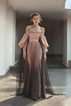 Draped Shoulder Long Sleeve Gown