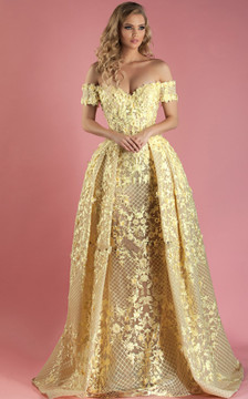 MNM Couture Off the Shoulder Yellow Floral Evening Gown K3496 MNM Couture Off the Shoulder Yellow Floral Evening Gown K3496