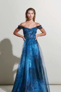 Off Shoulder Blue Smoke Print Evening Gown