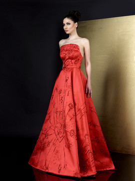 Strapless Red Embroidered Mikado Evening Gown