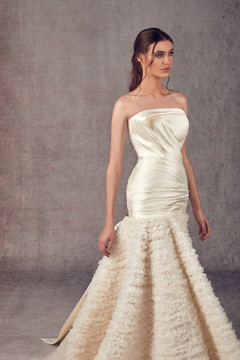 Strapless Drop Waist Mikado & Tulle Evening Gown Strapless Drop Waist Mikado & Tulle Evening Gown