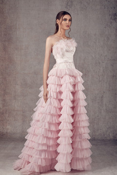 Strapless Mikado & Tulle Tiered Evening Gown