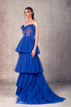 Strapless Mikado & Tulle Embroidered Evening Gown