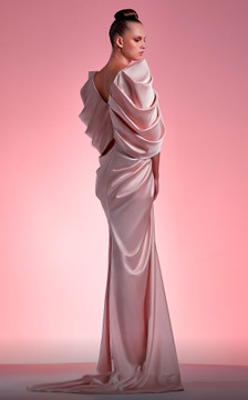 Draped Shoulder Illusion Neck Gown