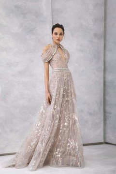 Embroidered Tulle Draped Shoulder Gown