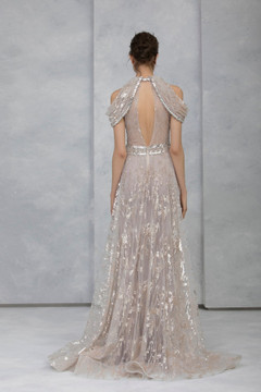 Embroidered Tulle Draped Shoulder Gown