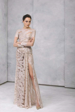 Embroidered Tulle Long Sleeve Slit Gown