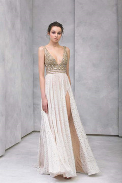 Sleeveless Beaded Bodice Slit Gown Sleeveless Beaded Bodice Slit Gown