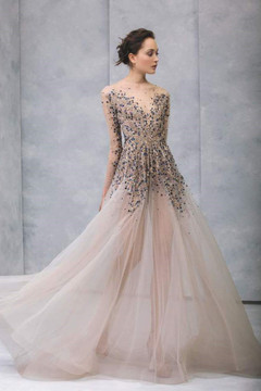 Illusion Crystal Bodice Long Sleeve Gown