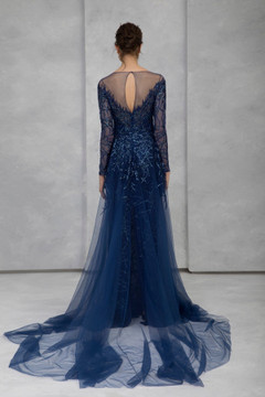 Embroidered Tulle Long Sleeve Evening Gown