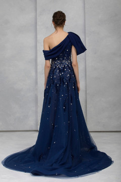 Hand-Embroidered Asymmetrical Neck Gown