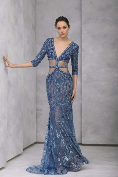 Mermaid-Cut Embroidered Tulle ¾ Sleeve Gown Mermaid-Cut Embroidered Tulle ¾ Sleeve Gown