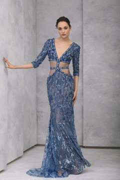 Mermaid-Cut Embroidered Tulle ¾ Sleeve Gown