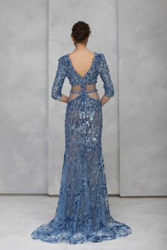 Mermaid-Cut Embroidered Tulle ¾ Sleeve Gown