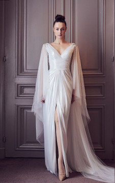 Long Cape Sleeve Slit Gown